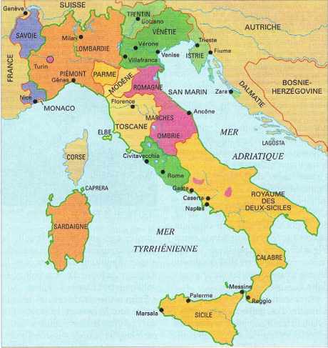 Carte d'Italie avant 1848, avec 7 états