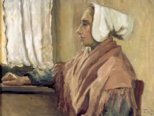 Marie Tuck, Femme de profil (huile sur toile collée sur bois). Le portrait de cette femme est celui d’une Étaploise réalisé lors d’un des séjours de l’artiste en Picardie (1907-8)