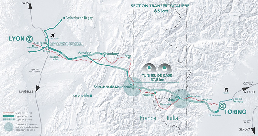 Trajet du tunnel Lyon-Turin