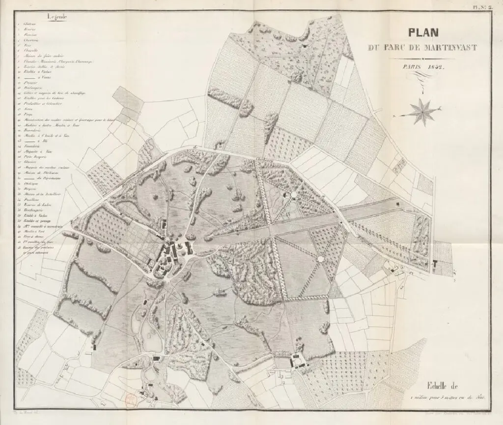 Plan du parc de Martinvast en 1842, extrait de l’ouvrage Notice sur l’exploitation rurale de Martinvast, près Cherbourg par Alexandre du Moncel.