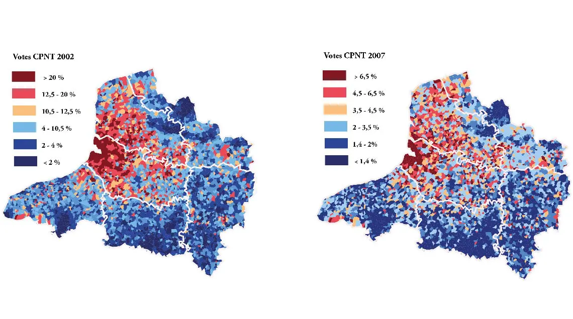 diversité territoriale française vue par le vote CPNT entre 2002 et 2007