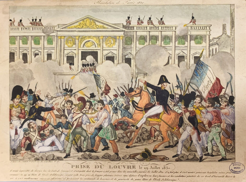 Elève de l’École polytechnique et son bicorne lors de la prise du Louvre le 29 juillet 1830.