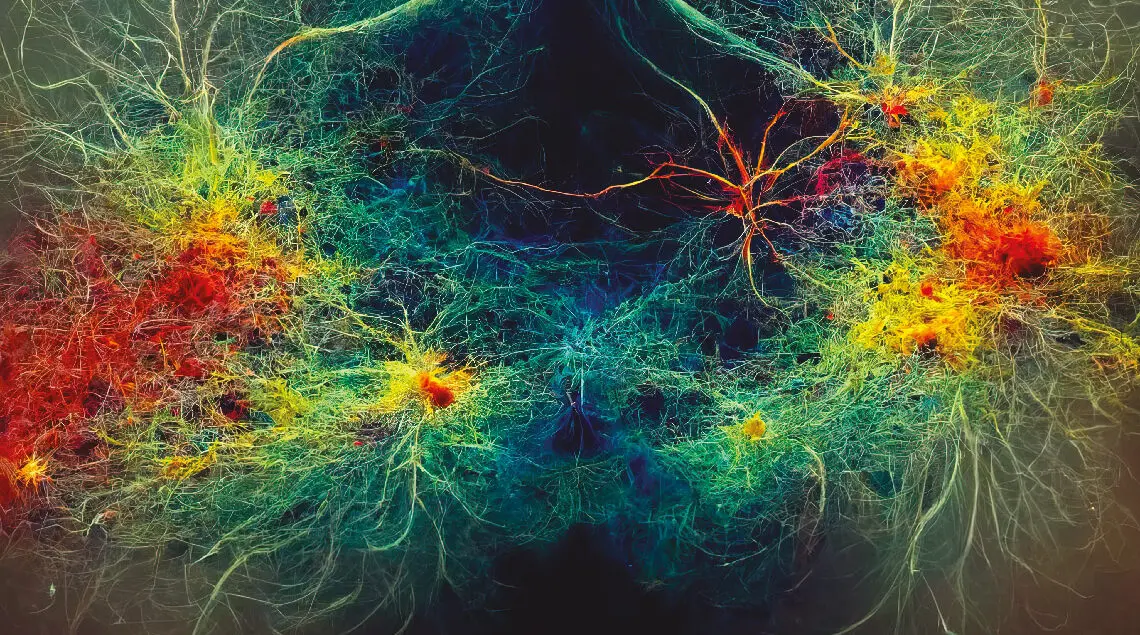 Vue d’artiste d’un réseau de neurones artificiel mimant l’apprentissage par le cerveau humain.