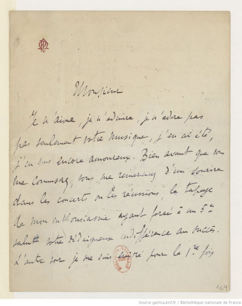 Lettre de Marcel Proust à Gabriel Fauré, (manuscrit autographe).BnF, département Musique, NLA-3 (204). Source gallica.bnf.fr / Bibliothèque nationale de France 