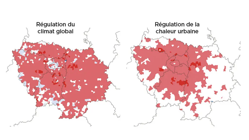 Évolution du service de régulation du climat global (panneau de gauche) et du service de rafraîchissement urbain (panneau de droite) en Île-de-France entre 1982 et 2017. Le rouge clair indique une décroissance du service, le rouge foncé indique une forte décroissance. Le bleu indique une augmentation du service. Source : Efese (2021) 