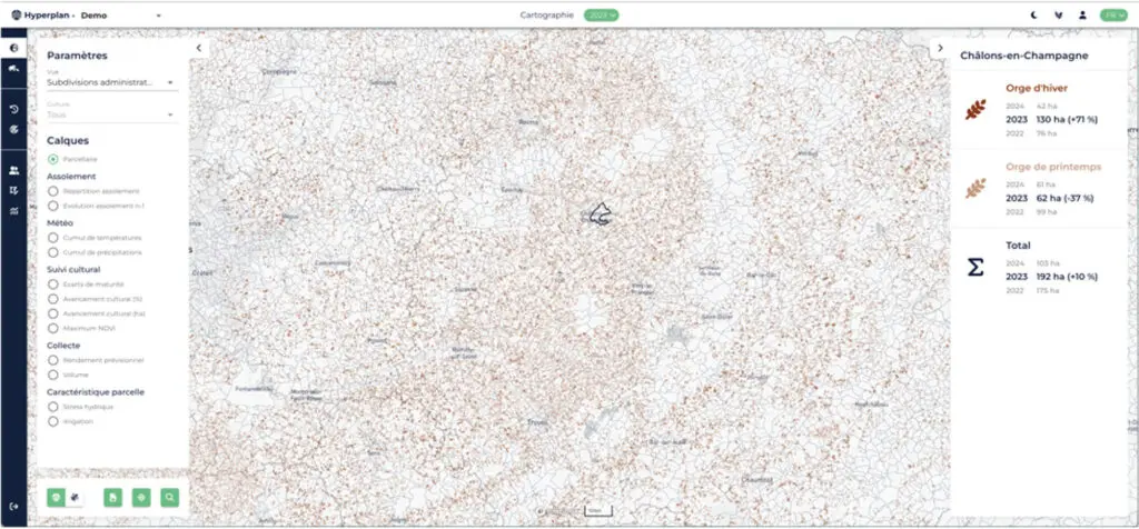 Reconnaissancepar imagerie satellite des hectares semées en orge.