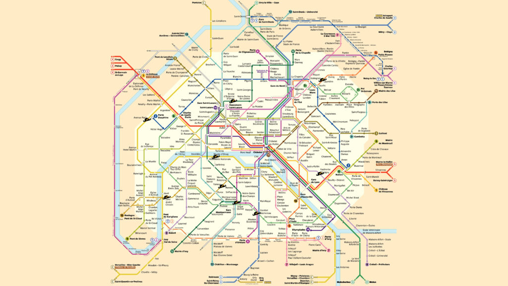 Plan du métro de Paris, les stations portant des noms d'X sont marquées avec un bicorne